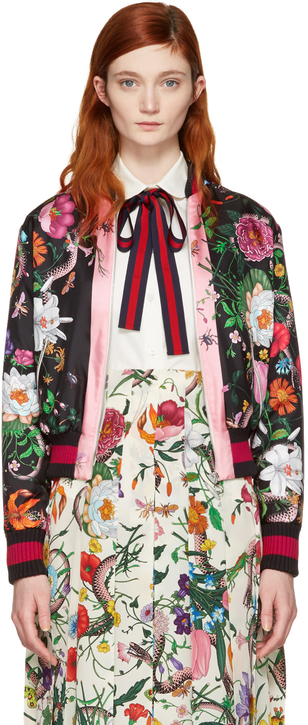 GUCCI FLORA SNAKE-PRINT SILK BOMBER JACKET, MULTICOLOR | ModeSens