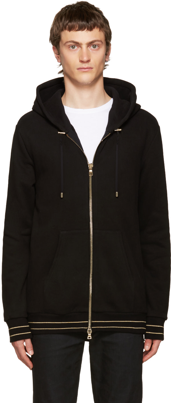 Balmain: Black & Gold Zip Hoodie | SSENSE