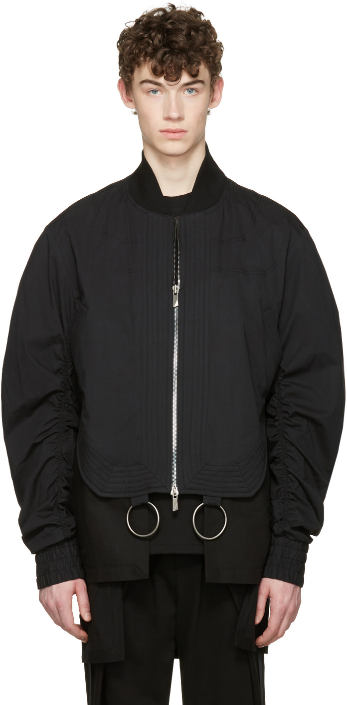 D.Gnak by Kang.D: Black Shirring Sleeves Bomber Jacket | SSENSE