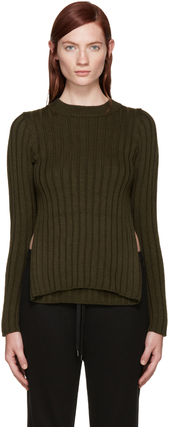 MM6 Maison Margiela: Green Ribbed Cut-Out Sweater | SSENSE