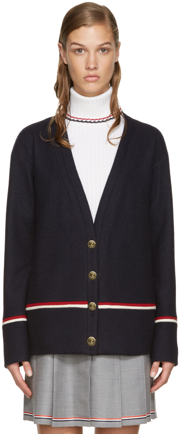 Thom Browne: Navy Hairline Stripe Cardigan | SSENSE