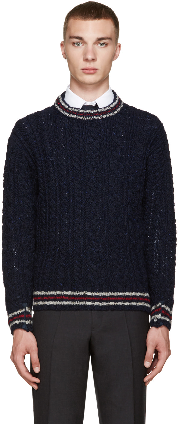 Thom Browne: Navy Cable Knit Sweater | SSENSE