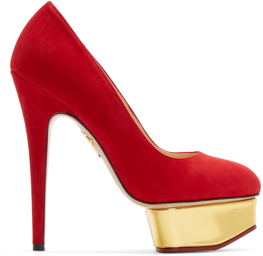 Charlotte Olympia: Red Suede Platform Dolly Heels | SSENSE