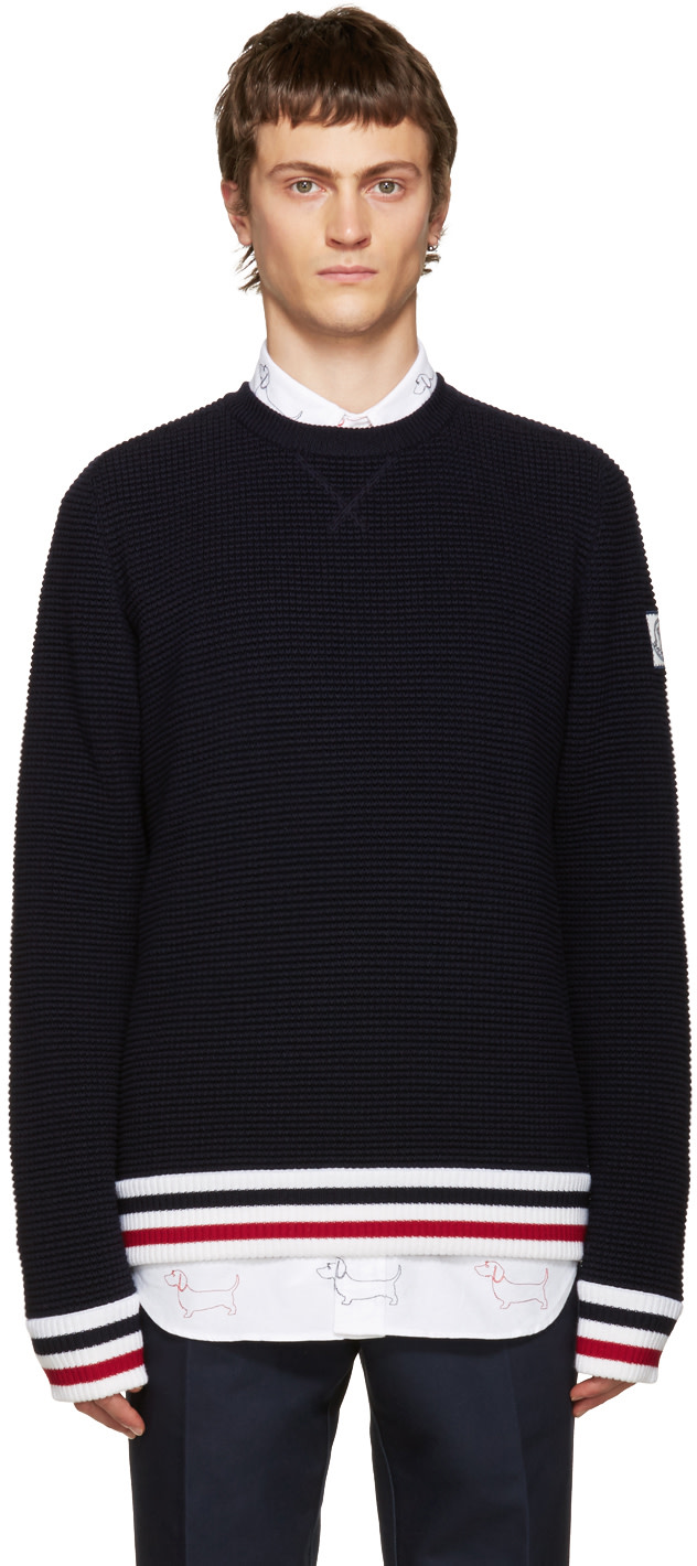 Moncler Gamme Bleu: Navy Striped Sweater | SSENSE