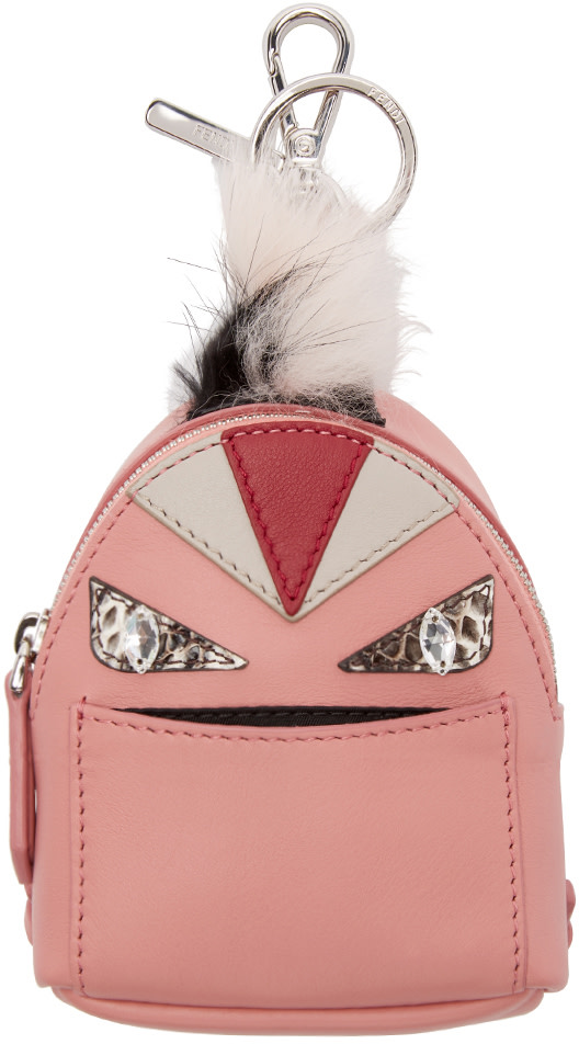 Fendi: Pink Fur-Trimmed Charm Wonders Backpack Keychain | SSENSE