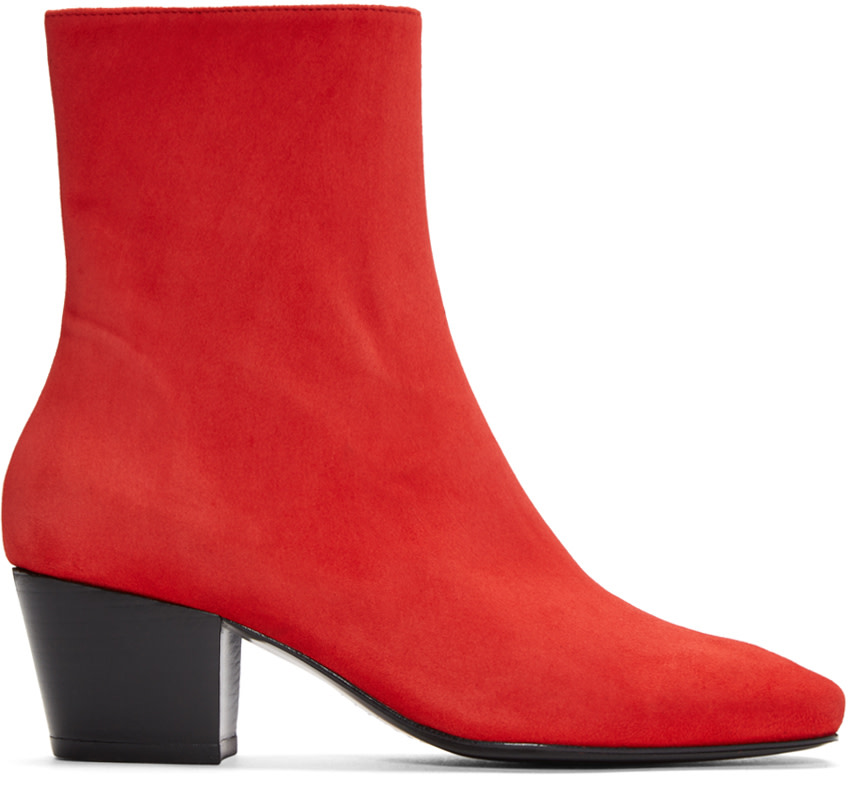 Dorateymur: Red Suede Droop Nose Boots | SSENSE