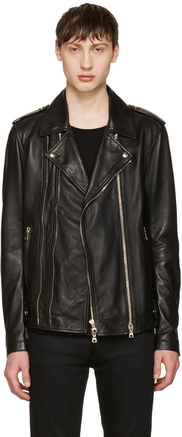 Balmain: Black Leather Biker Jacket | SSENSE