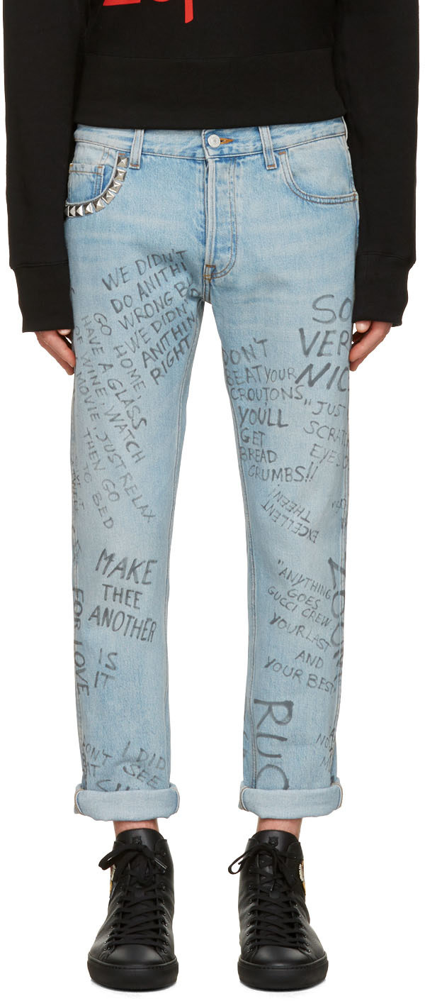 Gucci Scribbled Writing Print Punk Pant In Light Blue, Denim | ModeSens
