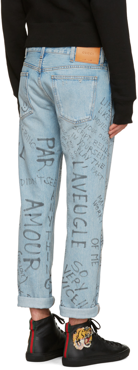 GUCCI Blue Studded Scribble Jeans