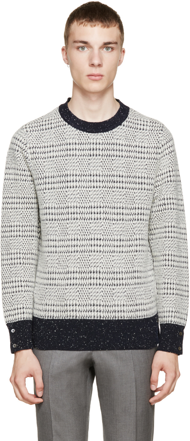 Thom Browne: Navy & Ivory Wool Sweater | SSENSE