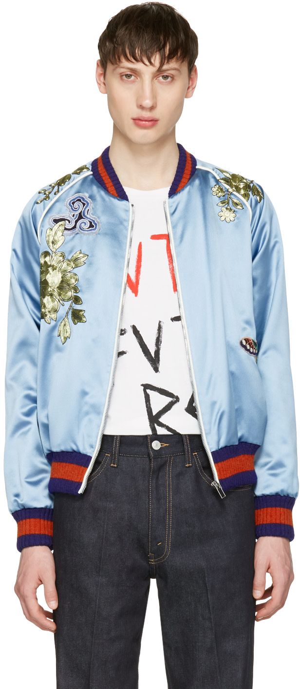gucci 刺绣贴片真丝硬缎短夹克 in blue