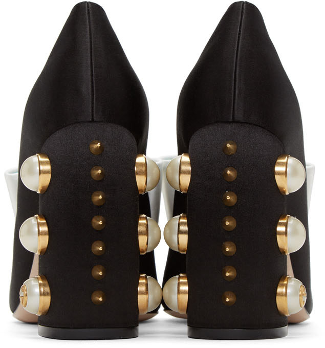 GUCCI Luna Studded Block Heel Satin Pumps in Black | ModeSens