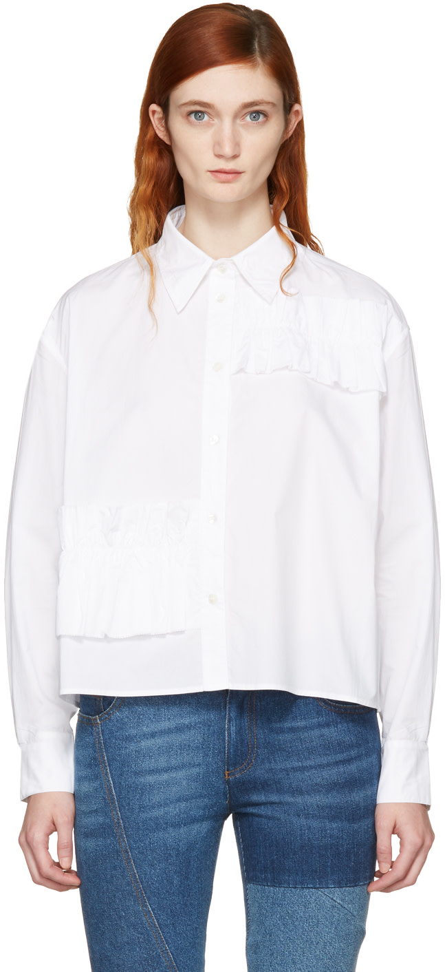 MCQ BY ALEXANDER MCQUEEN White Cropped Ruffle Shirt in Optic White ...