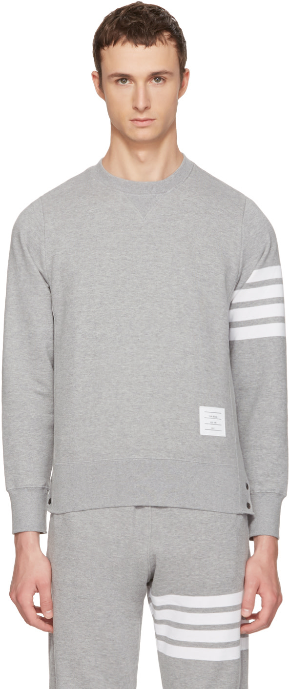 THOM BROWNE Classic Crewneck Sweatshirt With Striped-Sleeve, Light Gray ...