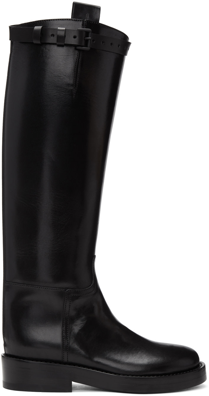 ANN DEMEULEMEESTER Buckle Strap Leather Riding Boots in Black | ModeSens