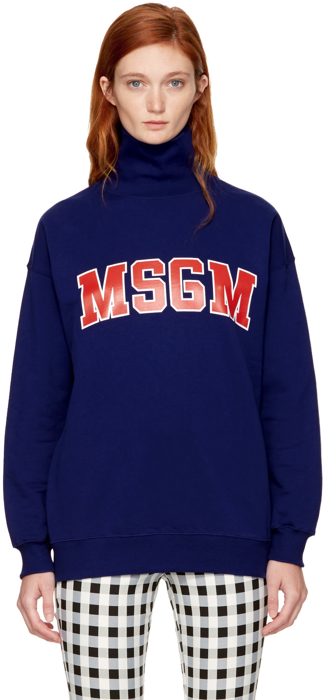 MSGM Blue Logo Turtleneck Sweatshirt | ModeSens