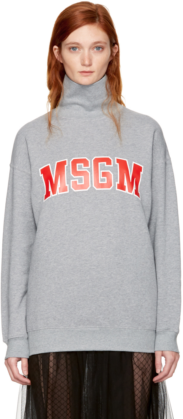 MSGM Grey Logo Turtleneck Sweatshirt | ModeSens