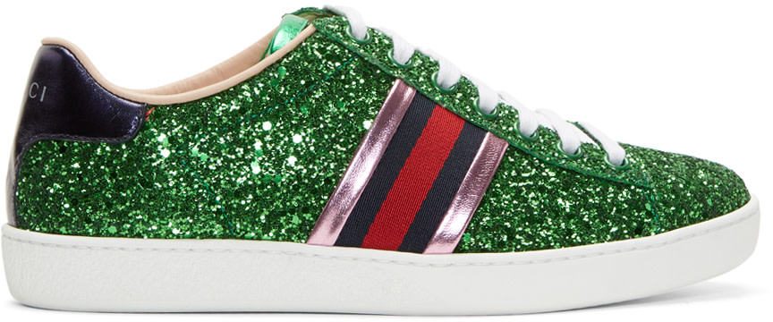 GUCCI NEW ACE GLITTER-COVERED TRAINERS, GREEN | ModeSens