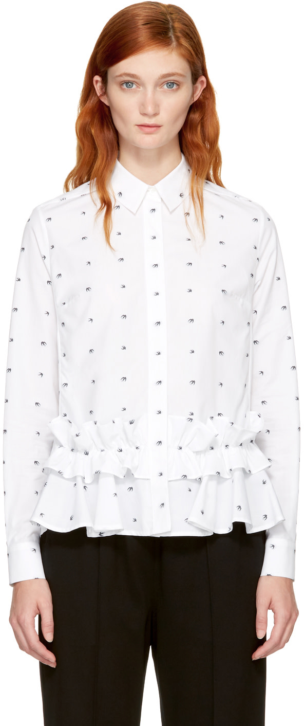 MCQ BY ALEXANDER MCQUEEN LONG-SLEEVE POPLIN SWALLOW-PRINT BLOUSE, WHITE ...