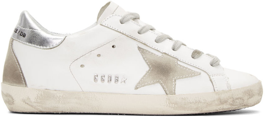 GOLDEN GOOSE Distressed Leather Low-Top Sneaker, White/Silver | ModeSens