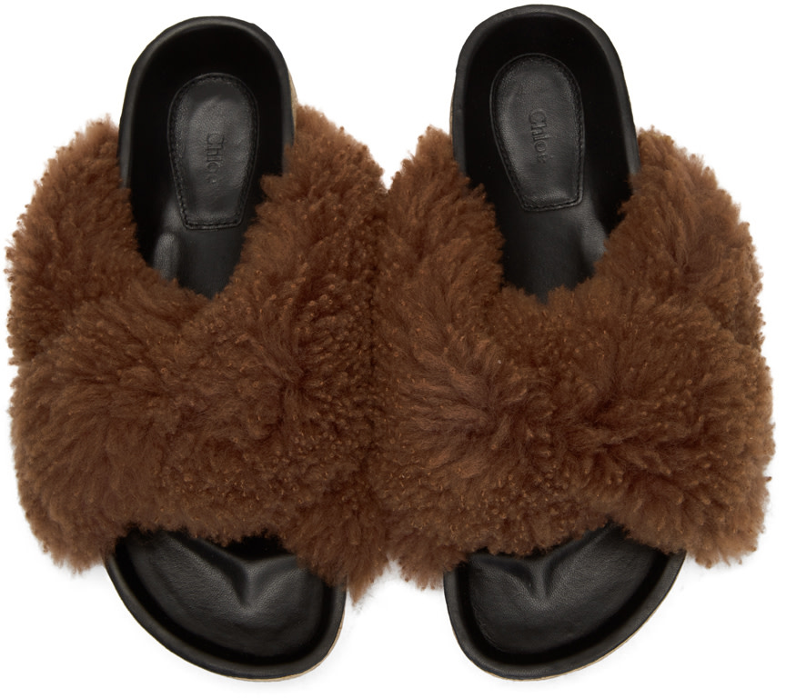 CHLOÉ Brown Shearling Kerenn Slides