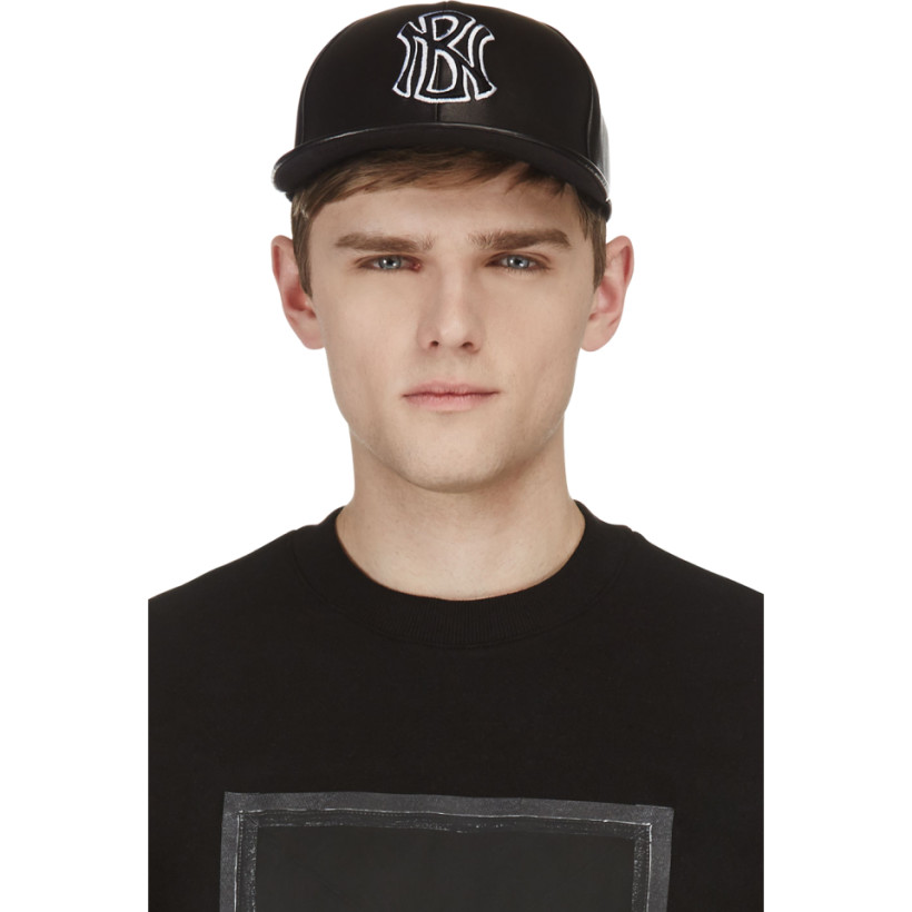 Neil Barrett Black Leather Embroidered Logo Baseball Cap