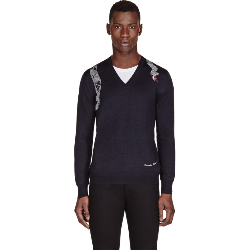 Alexander McQueen Navy Wool & Silk Snake Embroidery Sweater