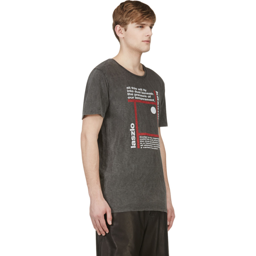 Robert Geller Charcoal Grey Washed Cotton Text Print T Shirt