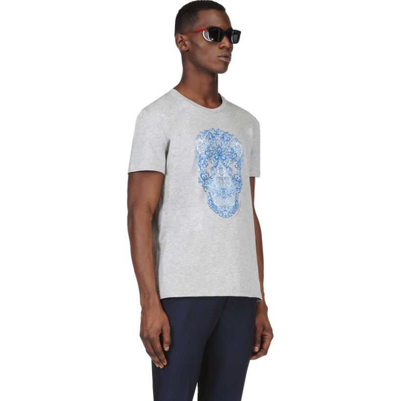 Alexander McQueen Heathered Grey Floral Skull T Shirt