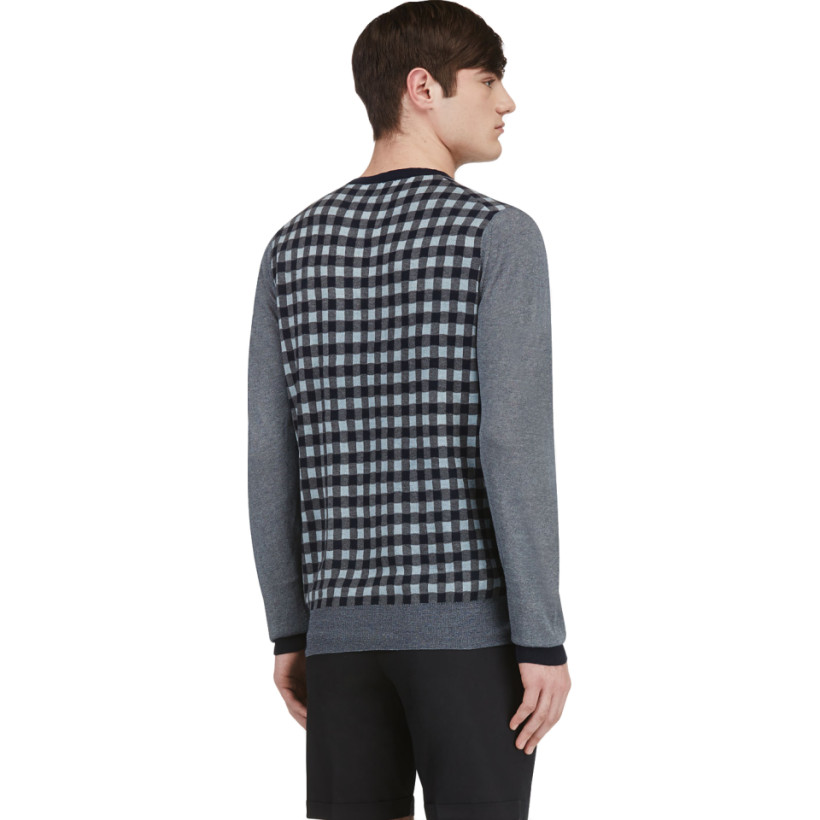 Sacai Blue & Grey Check Crewneck Sweater