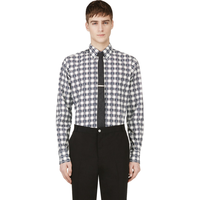 Thom Browne Navy Shperherds Check & Anchor Print Shirt