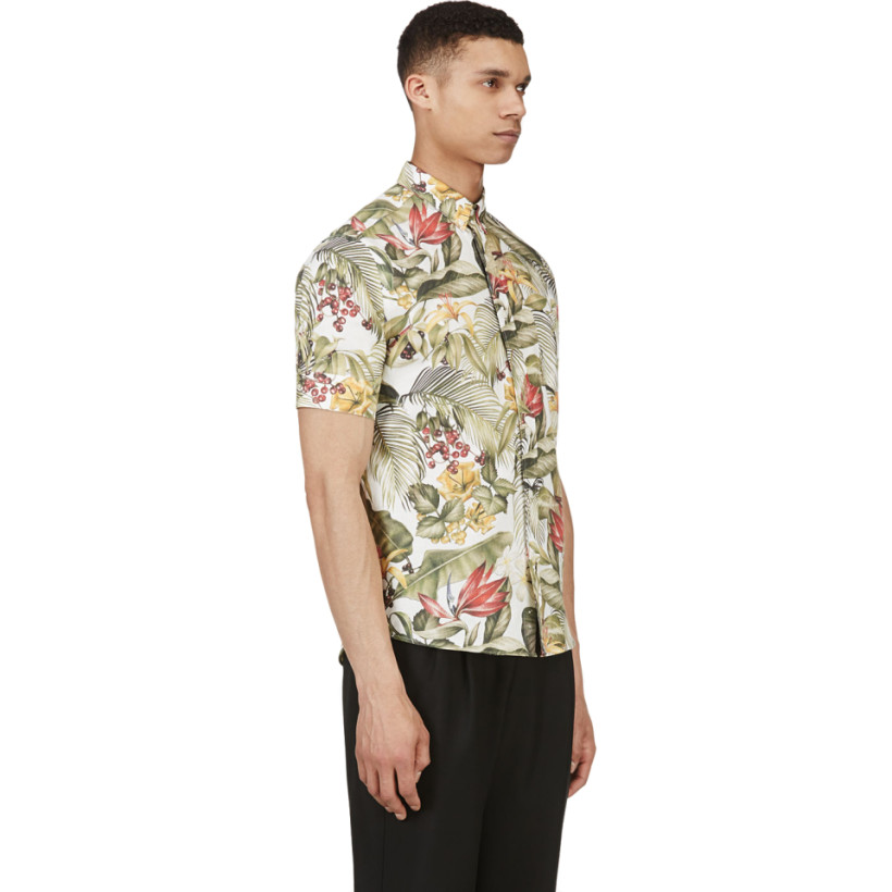 Ami White & Green Floral Print Button Down Shirt