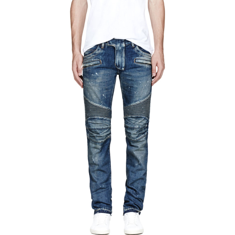 Balmain Blue Distressed Painted Biker Jeans