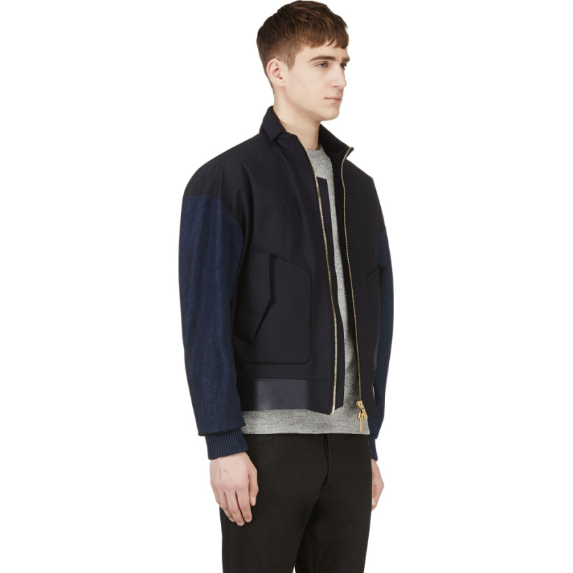 Juun.J Navy Blue Leather & Denim Bomber