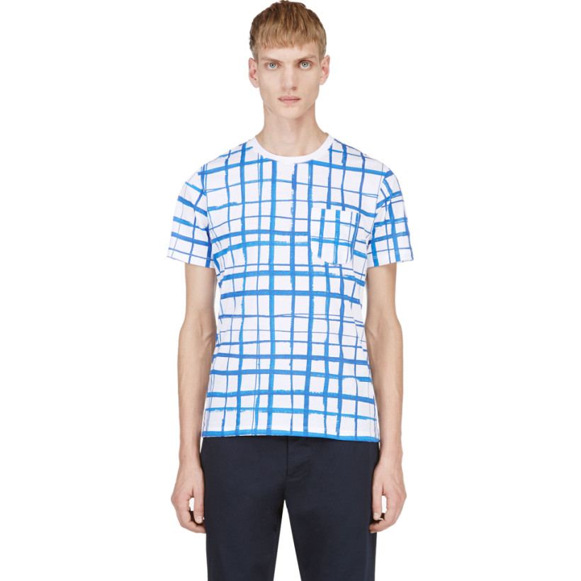 Carven White & Blue Windowpane Print T Shirt