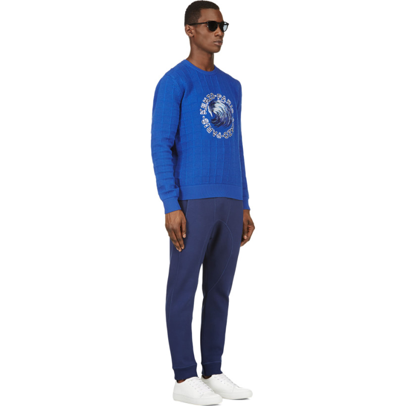 Kenzo Blue Grid Knit Wave Embroidered Sweater