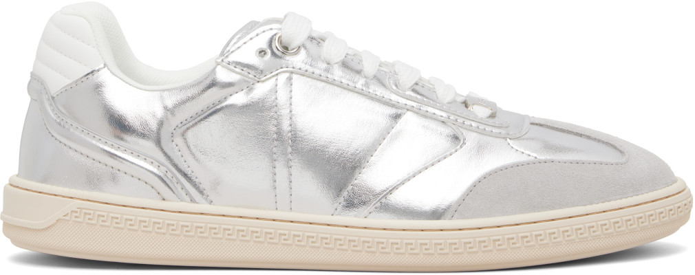 Versace, Versace Silver Greca Court Metallic Faux-Leather Sneakers