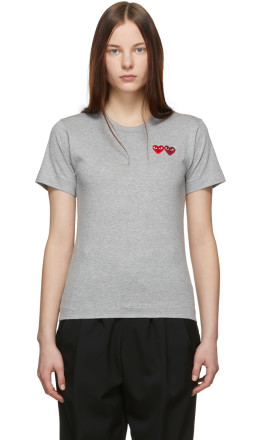 Comme des Garçons Play - Grey & Red Double Heart T-Shirt