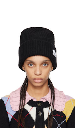 Black Oversized Wool Rib Knit Beanie - GANNI