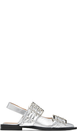 Silver Metallic Feminine Buckle Flats - GANNI