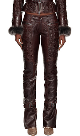 Brown Smocked Straight Leg Leather Trousers Brown Smocked Straight Leg Leather Trousers