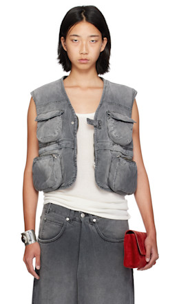 Gray Wadded Denim Cargo Vest - LU'U DAN