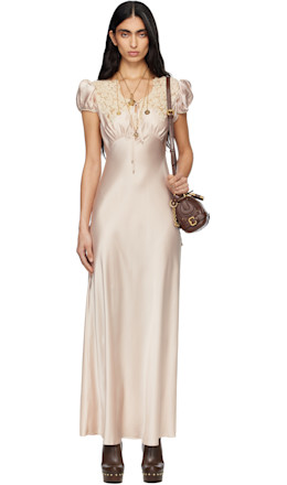 Pink Puff-Sleeve Column Washed Silk Satin & Lace Maxi Dress