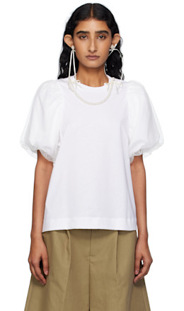 White Embellished Tulle Overlay Puff Sleeve T-shirt - Simone Rocha