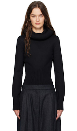 Black Sculptural Hood Ribbed Knit Turtleneck