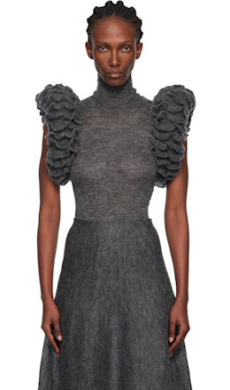 Gray Mohair Knit Sculptural Ruffle Bodysuit - ALAÏA