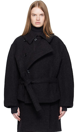 Black Short Asymmetrical Bathrobe Coat - LEMAIRE