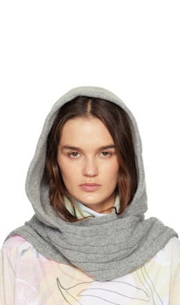 Gray Convertible Cable Knit Hooded Scarf - OPEN YY