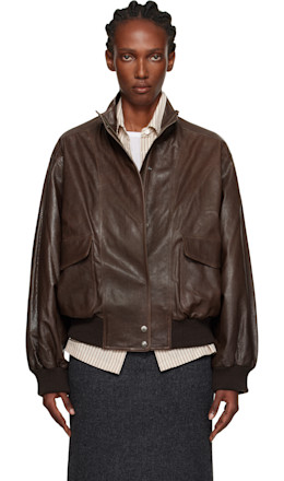 Brown Stand Collar Leather Blouson Jacket - Nothing Written