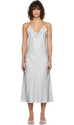 Blue Silk Lace Slip Midi Dress - Róhe